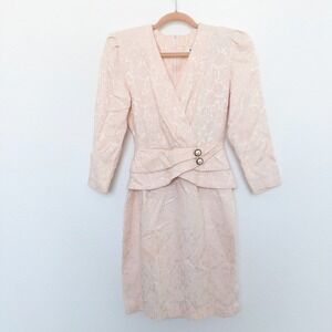 VTG V.I.P Petites Womens Dress Size 6 Pink Jacquard Peplum Blazer 80s Retro Glam